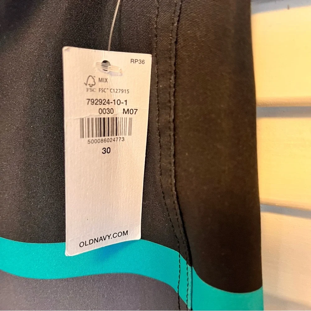 NWT Old Navy Black Board Shorts with Teal, Mint & Pink Stripes